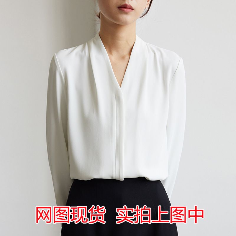白色V領絲質襯衫 通勤OL正裝 高級感設計 女裝襯衣- 黑色無袖 M