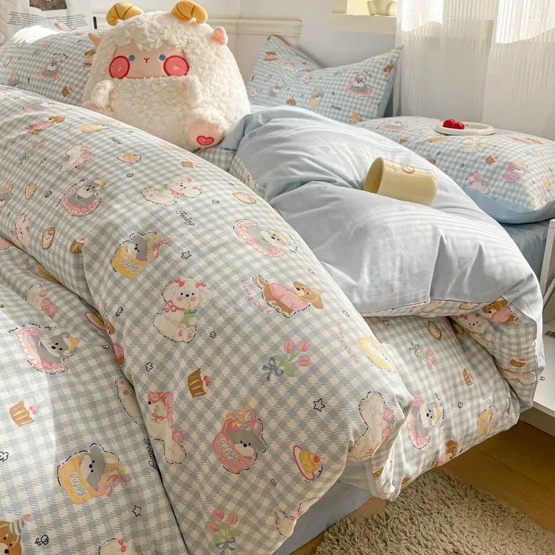 ins小清新纯棉亲肤四件套全棉100印花卡通学生宿舍床单三件套平行进口