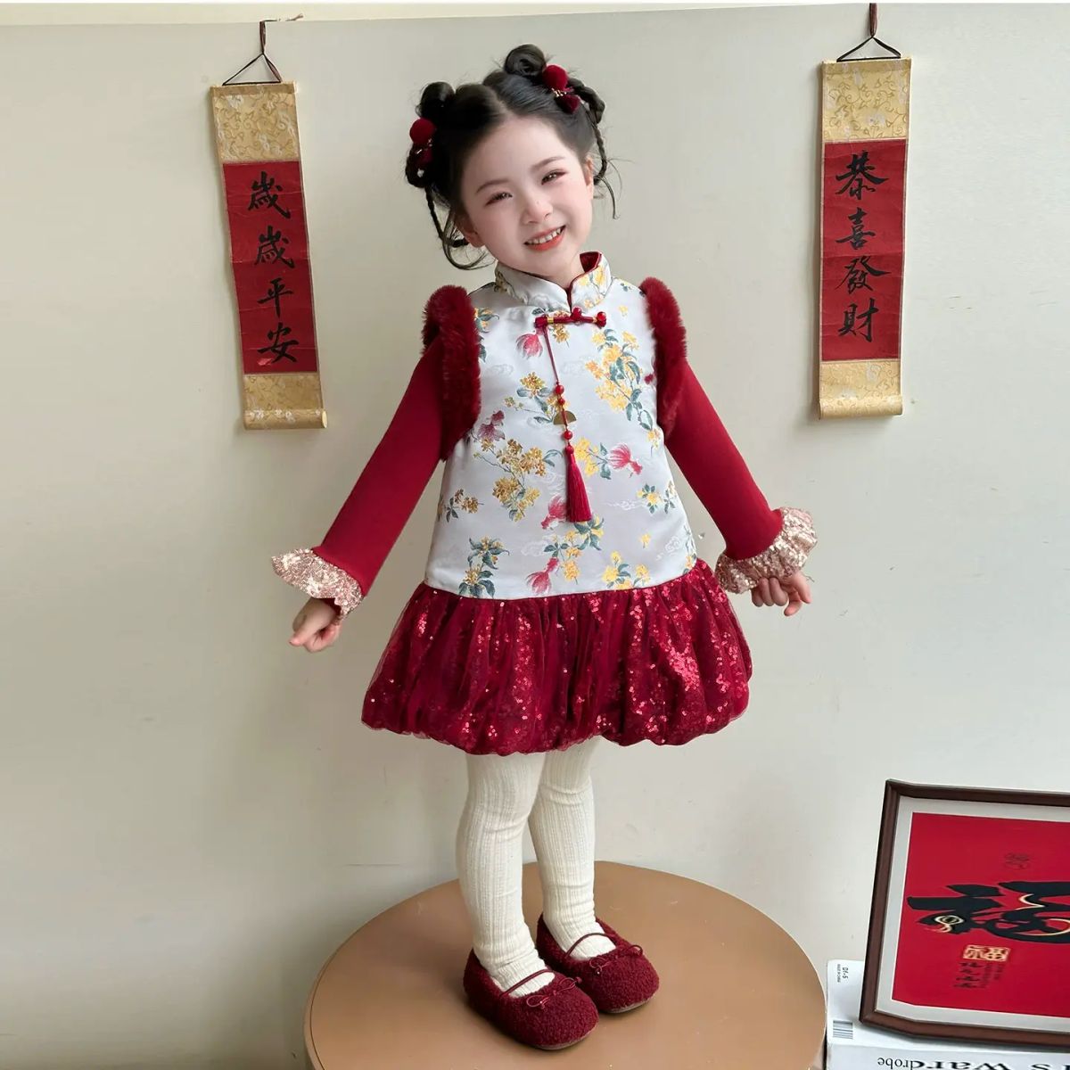 女小童新中式旗袍裙秋冬季女寶寶馬甲蓬蓬裙唐裝兒童拜年服兩件套