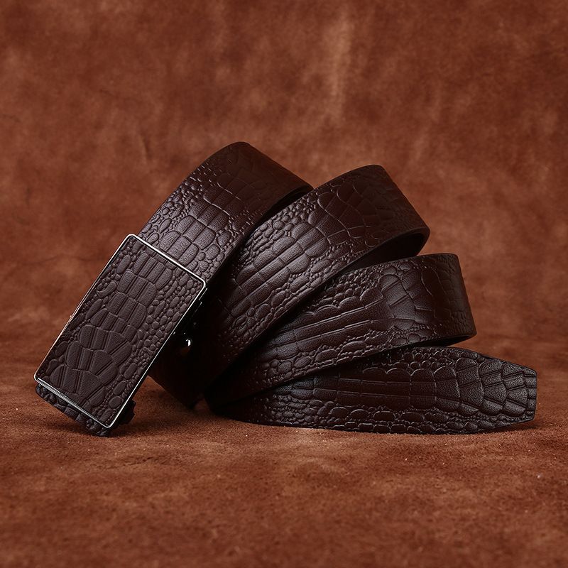 無牙自動扣鱷魚壓紋腰帶男士真皮皮帶男款百搭輕奢商務正裝西褲帶