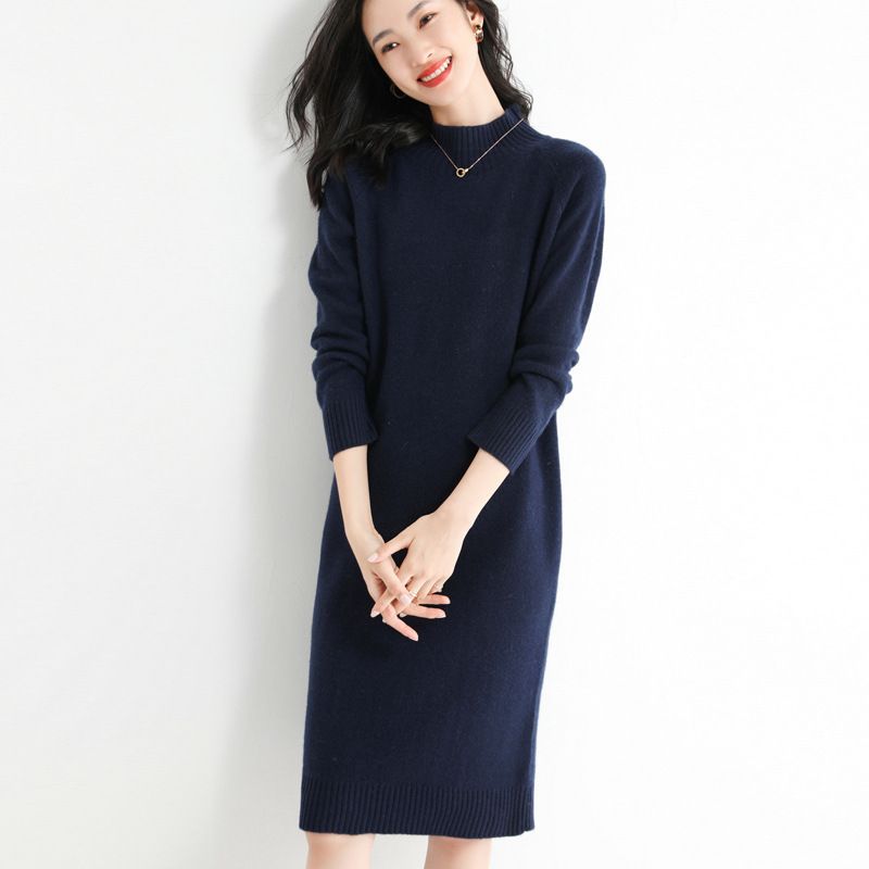 Wool blend 2026 autumn/winter new women's slim fit semi high neck long base knit sweater dress