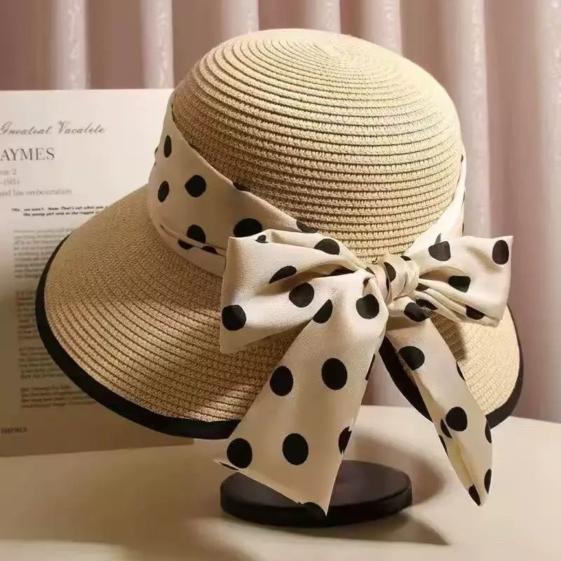 Fairy dot bow straw hat for women summer travel sun protection straw hat sweet beach fisherman basi