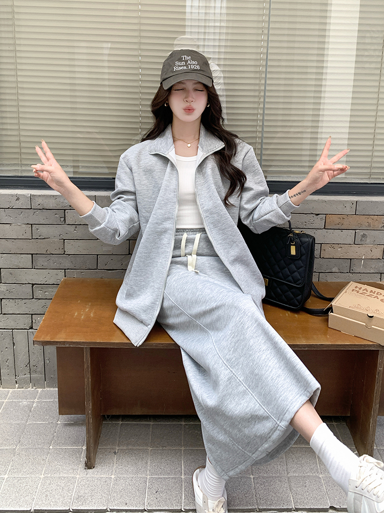 Set of 2025 New Women's Casual Lazy Style Outfit - Zip Up Hoodie and Skirt Two-Piece Se-Light gray S