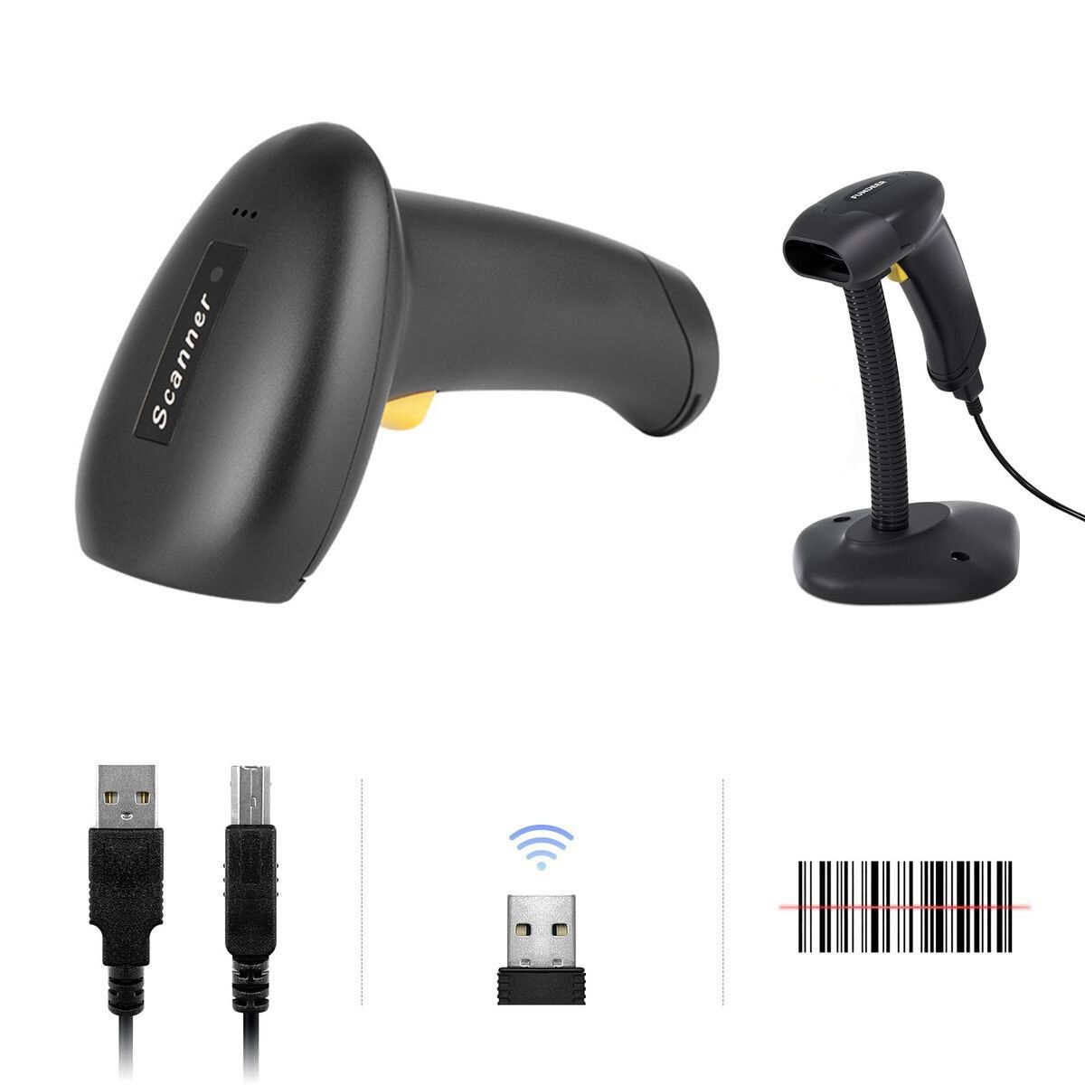 条码扫描器 - 条码扫描器读码器、带 USB 的条码阅读器、适用于超市、零售店的无线码扫描器阅读器 | 条码扫描器 | 扫码枪 | 手持读码器 /激光有线
