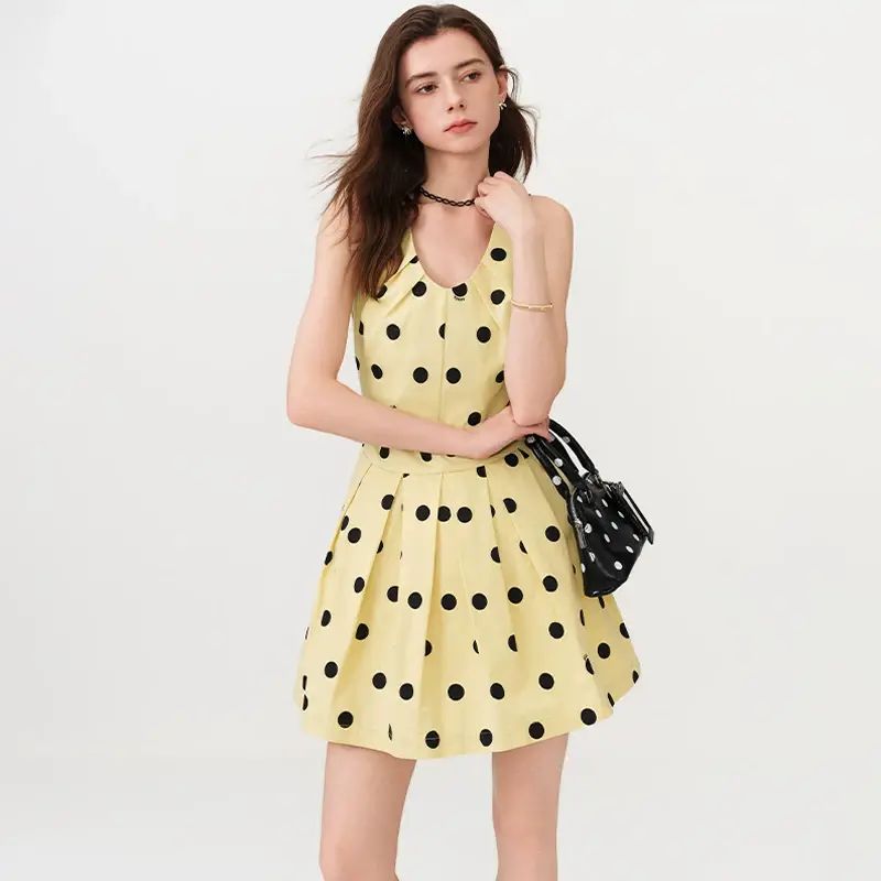 Fan Silan waist skirt series French sweet cotton feeling U-neck sle-Yellow background with black po