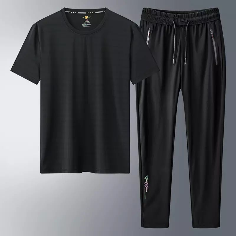 中年男士夏季短袖t恤长裤宽松冰丝套装男肥佬速干弹力休闲两件套