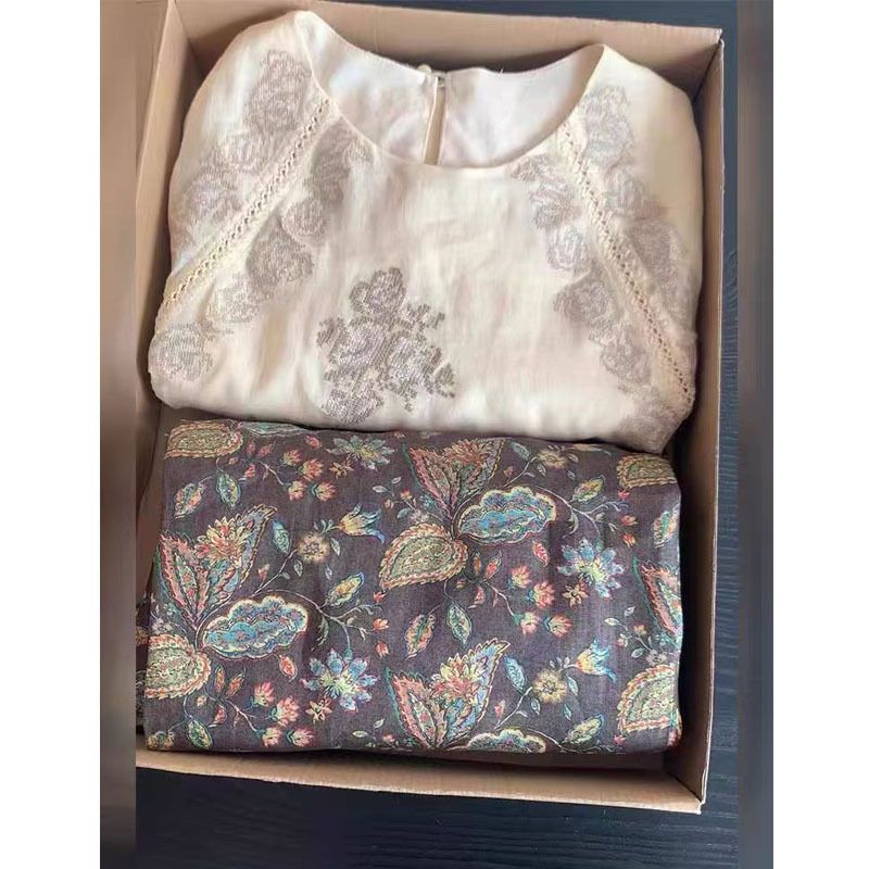 巨好看的亞麻套裝2025夏季爆款高級感杏白色刺繡上衣闊腿褲兩件套