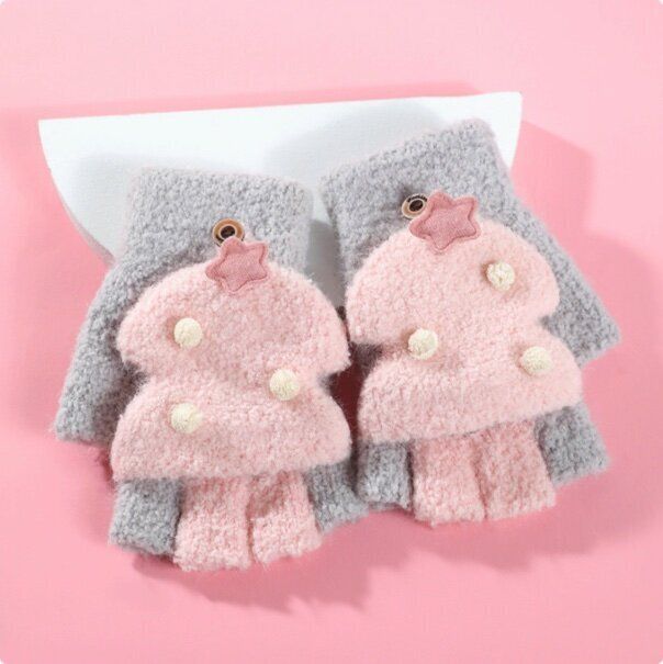 翻蓋毛絨半指手套(建議年齡：6-12歲  DRST28;灰色)