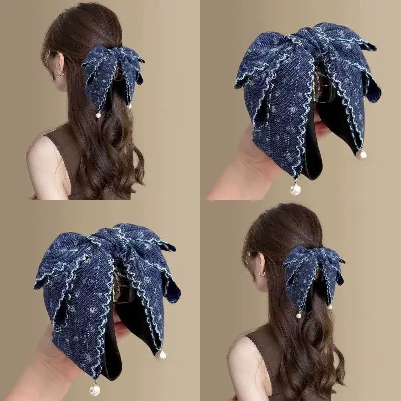 高級感碎花布藝蝴蝶結珍珠抓夾女後腦勺馬尾夾半紮發鯊魚夾子發抓