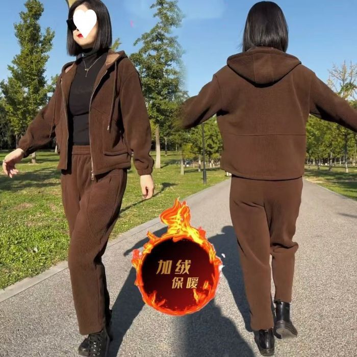 中老年秋冬加厚套裝 連帽休閒加絨衫褲 保暖時尚媽媽裝- 咖啡色 M【建議80-100斤】
