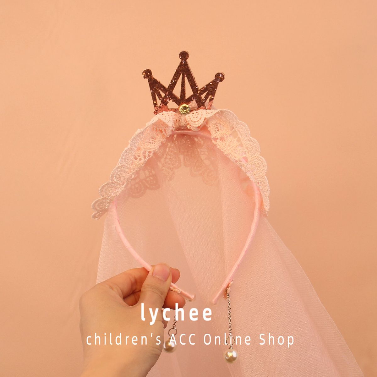 Pink Sparkle Crown Lace Children's Headcloth Hair Hoop Gentle Light Pink Lotus Leaf Hollow Lace Girl
