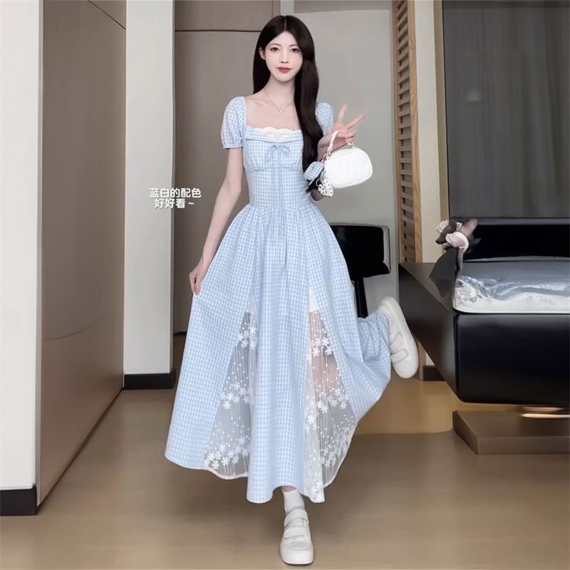 法式蓝格纹方口领泡泡袖连衣裙女夏季海边度假风蕾丝拼接A字长裙-连衣裙 S（75-90）