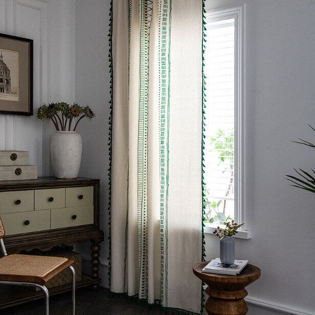 復古田園窗簾(寬150*高240cm（830g））(掛鉤-幾何3號綠色+綠色流蘇)