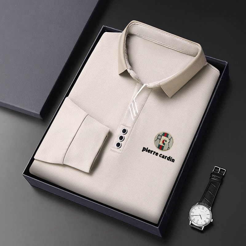 剪刀领爆款秋季男棉质休闲长袖T恤中年纯色薄款打底衫翻领POLO衫