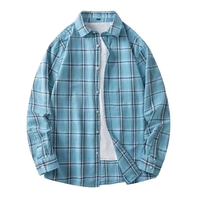 KATARA 复古格子衬衫男长袖翻领宽松百搭休闲上衣外套