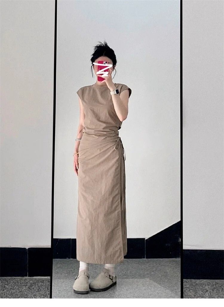 French-style women's summer 2025 new model temperament petite pear-shaped body long dress wear-Set S