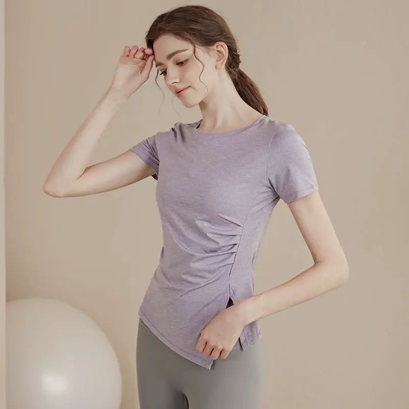 高級感瑜伽服女運動上衣速干顯瘦透氣短袖T恤跑步訓練健身服夏季-紫色. S