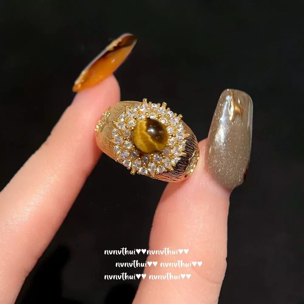 珠寶 重工虎眼石轉運珠手鍊 美拉德鑲鑽鍍金虎眼石太陽花頸鏈套裝