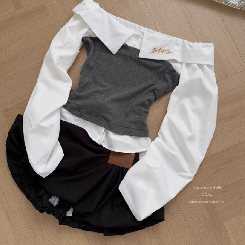 一字肩撞色拼接长袖衬衫女秋季修身收腰衬衣小众百搭上衣短裙套装-上衣 S