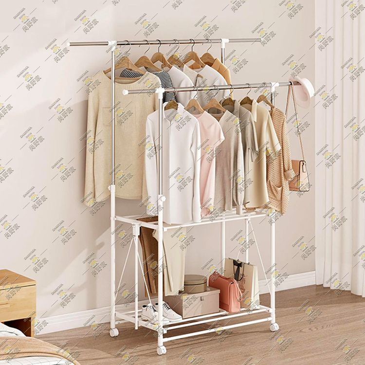 免安裝可折疊移動晾衣架【高度可調|長度可調】可伸縮摺疊晾衫架 不鏽鋼掛衣架 多功能活動晾曬架 雙桿收納挂衣架 多層置物架 - 0330