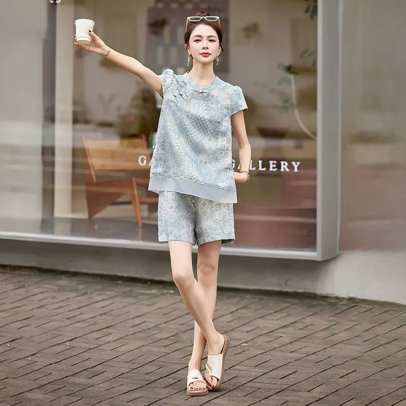 新中式風套裝女2026夏新款高階感好看盤扣上衣闊腿褲兩件套HE5088