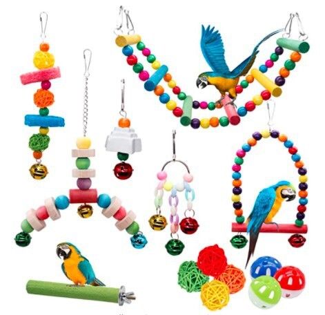 MOSU 鸟类和鹦鹉玩具 - 宠物鸟笼秋千悬挂玩具带吊铃、小鸟栖息秋千
