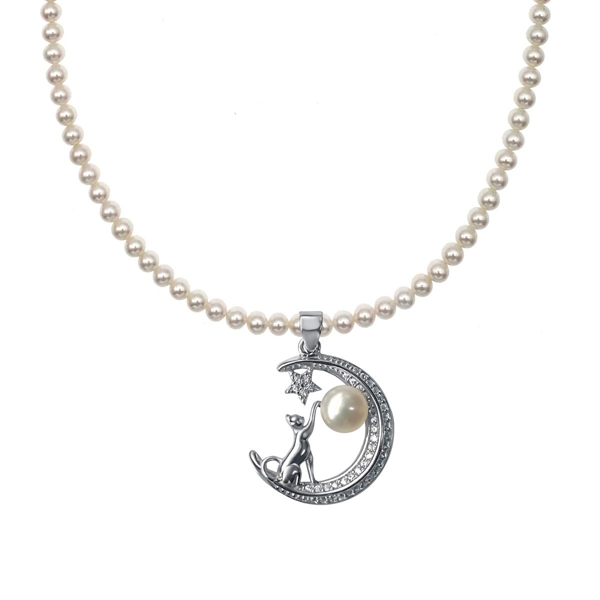 貓之星和月吊墜配淡水珍珠鍊連銀鍊套裝