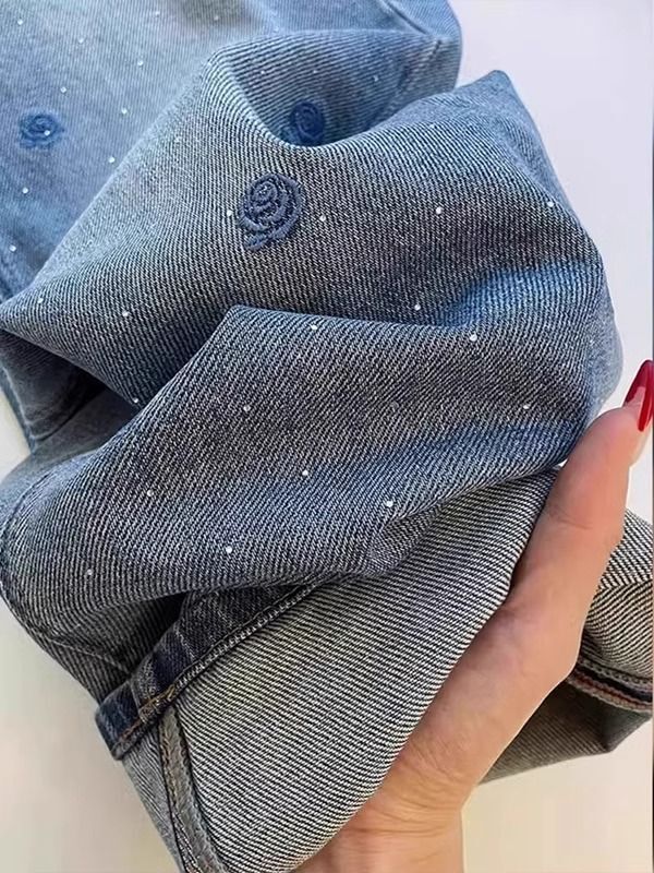 蓝色刺绣烫钻牛仔裤女春夏新款大码高腰显瘦阔腿裤休闲百搭直筒裤-蓝色 XS