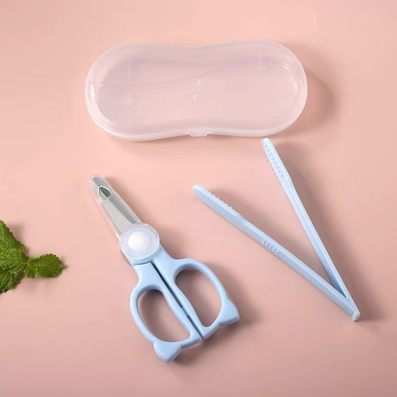 U88【送食物夾/藍色】嬰兒安全食物鉸剪 BB輔食不銹鋼剪刀 寶寶兒童食品料理剪 小朋友早午晚餐麵條剪刀 廚房食物安全剪刀
