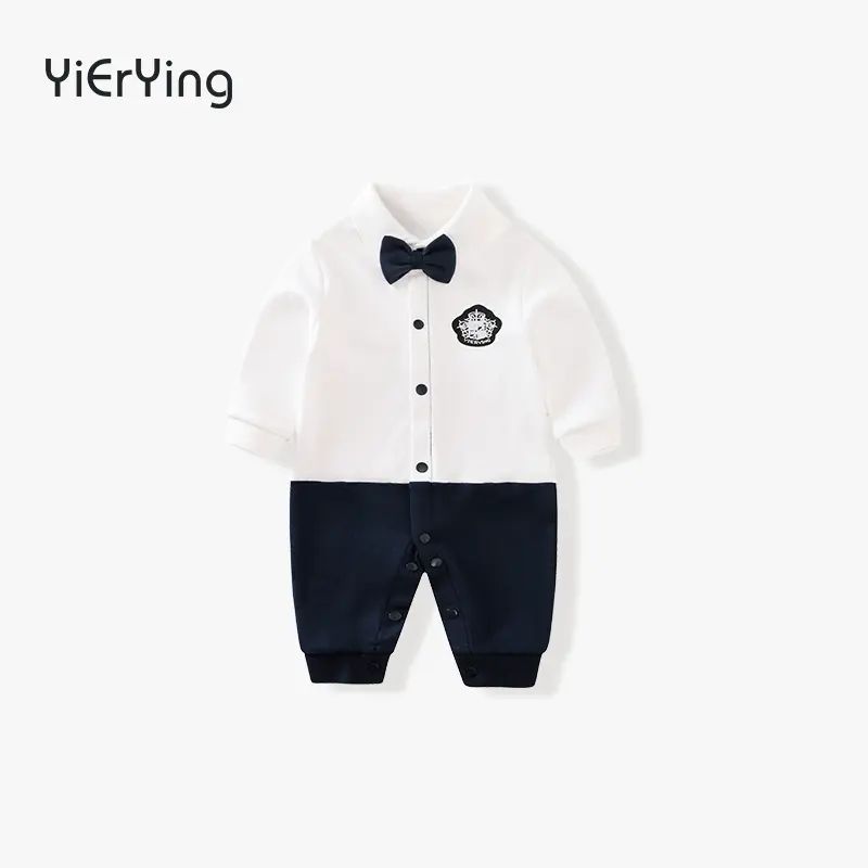 婴儿连体衣夏季薄款透气男宝宝满月服短袖百日宴领结绅士礼服哈衣