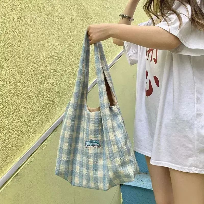 韩系ins慵懒风百搭格子帆布包文艺少女托特包大学生上课单肩包Z