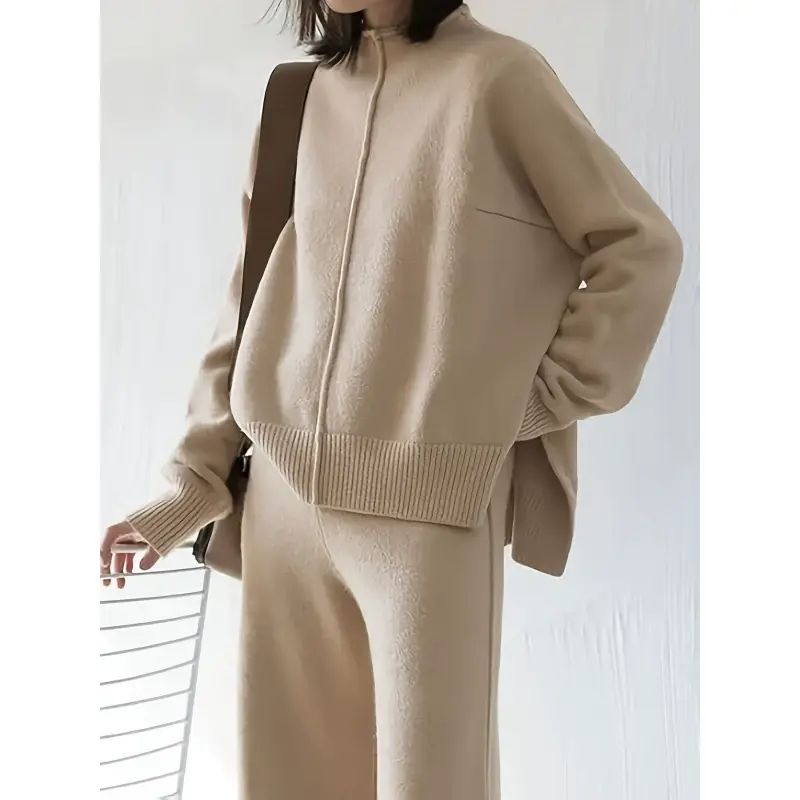 慵懒风减龄显瘦针织套装女秋冬款洋气半高领毛衣阔腿裤时尚两件套