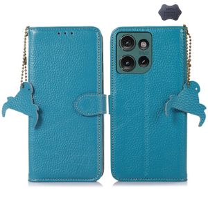 全城熱賣 - 適用於Motorola Edge 50 Neo 真皮荔枝紋RFID防盜刷手機皮套（藍色）