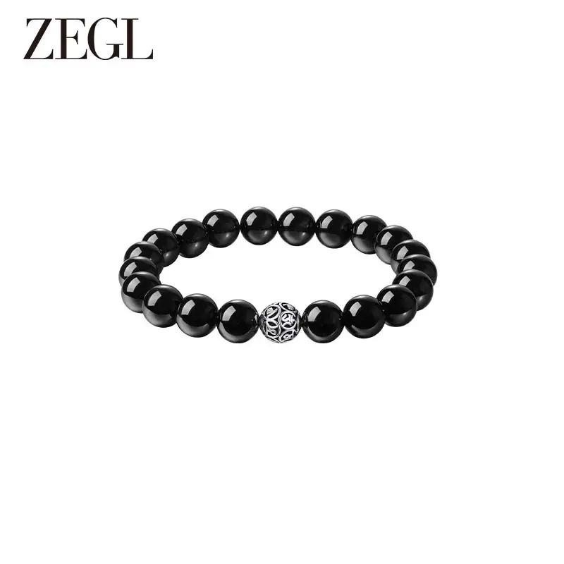 ZEGL黑曜石手串女925银串珠手链手绳新款黑色珠子手饰端午节礼物