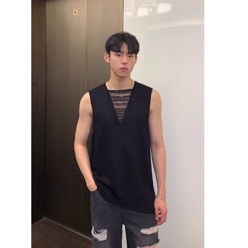 薄身鏤空V領無袖針織背心 男裝寬鬆美式復古上衣- 杏色 3XL