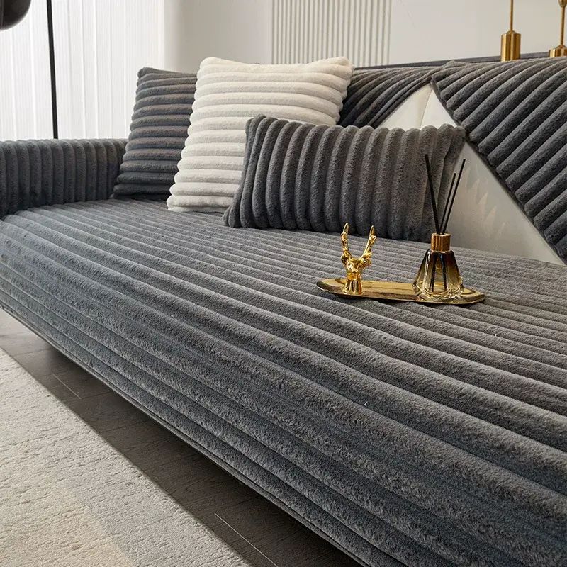 冬季加厚兔毛绒沙发垫防滑坐垫子实木皮轻奢高档沙发套罩