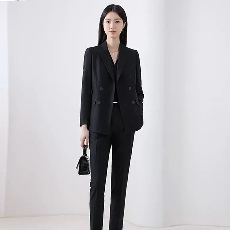 雙排扣西裝套裝女士時尚高級感新款兩件套教師主持人彈力前臺西服