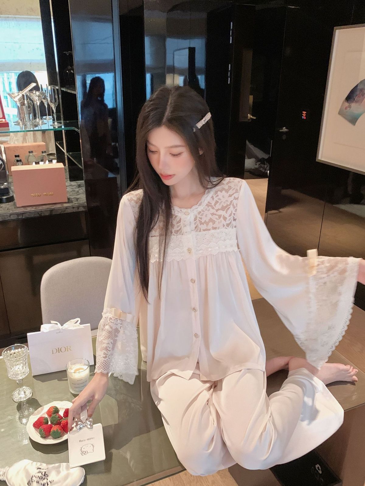 法式宮廷風2026新款冰絲睡衣女高級感蕾絲花邊甜美家居服套裝爆款