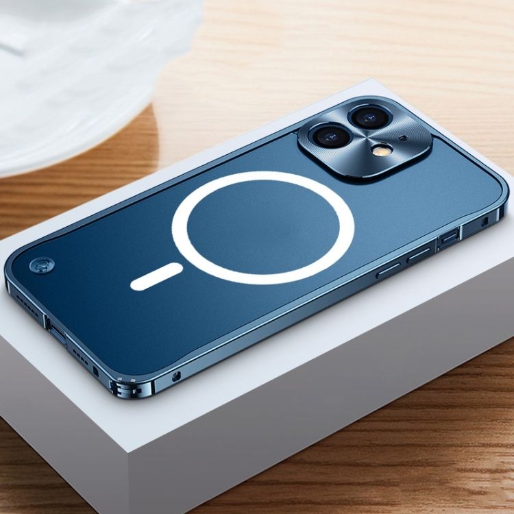 海馬扣金屬邊框MagSafe磁吸磨砂手機殼 適用於 iPhone 12（藍色）