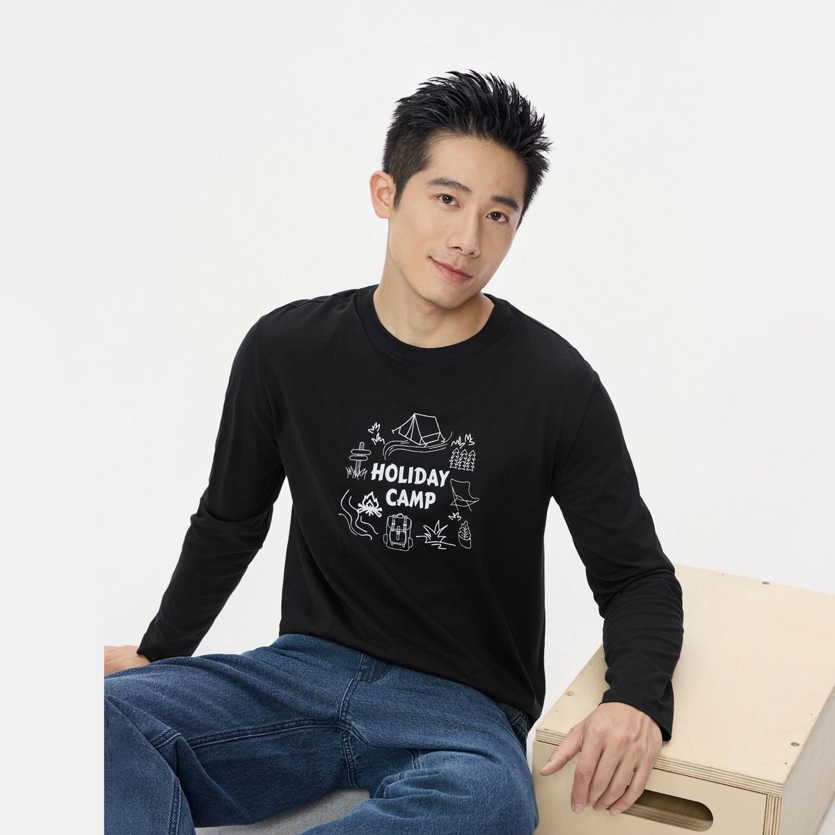 【Online Exclusive】BM Men's Cotton printed long-sleeved Tee(Size S)1309579014