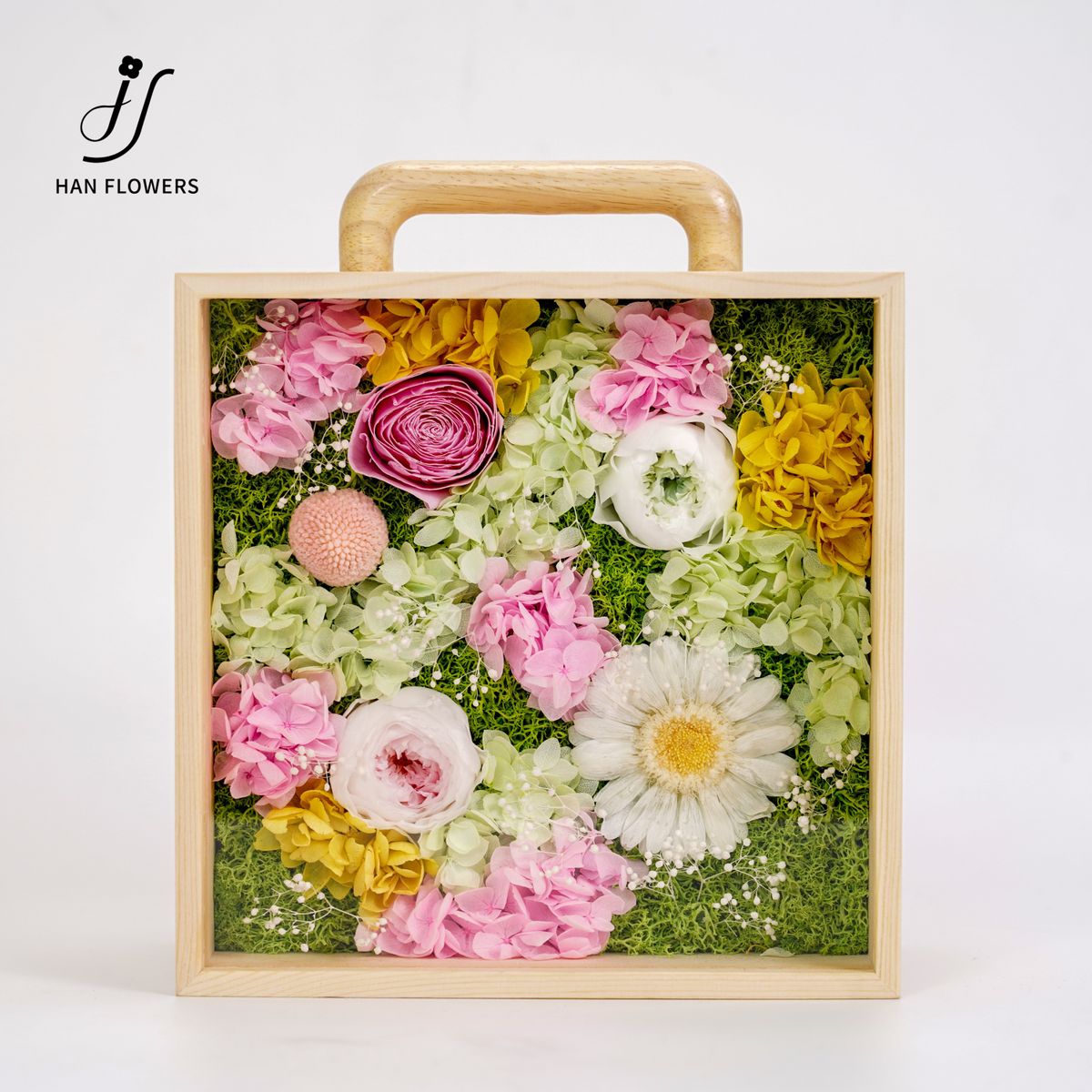 香港HAN FLOWERS北歐風木質花架｜粉紅繡球玫瑰｜自然系開運家居飾品｜母親節情人節禮物｜輕奢桌面花藝禮盒  | 畢業禮物 