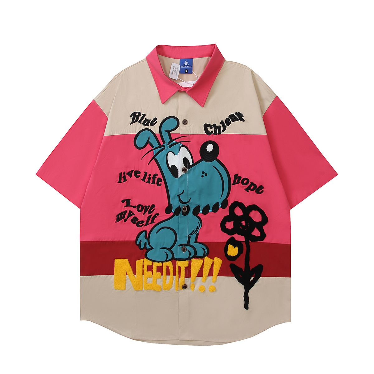 American style vintage cartoon embroidery contrast color short sleeve shirt men and women trendy