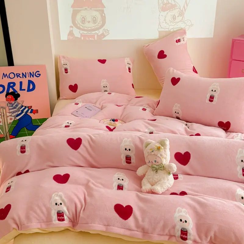新款ins卡通可爱心加厚保暖牛奶绒四件套双面珊瑚绒冬季三件t平行进口