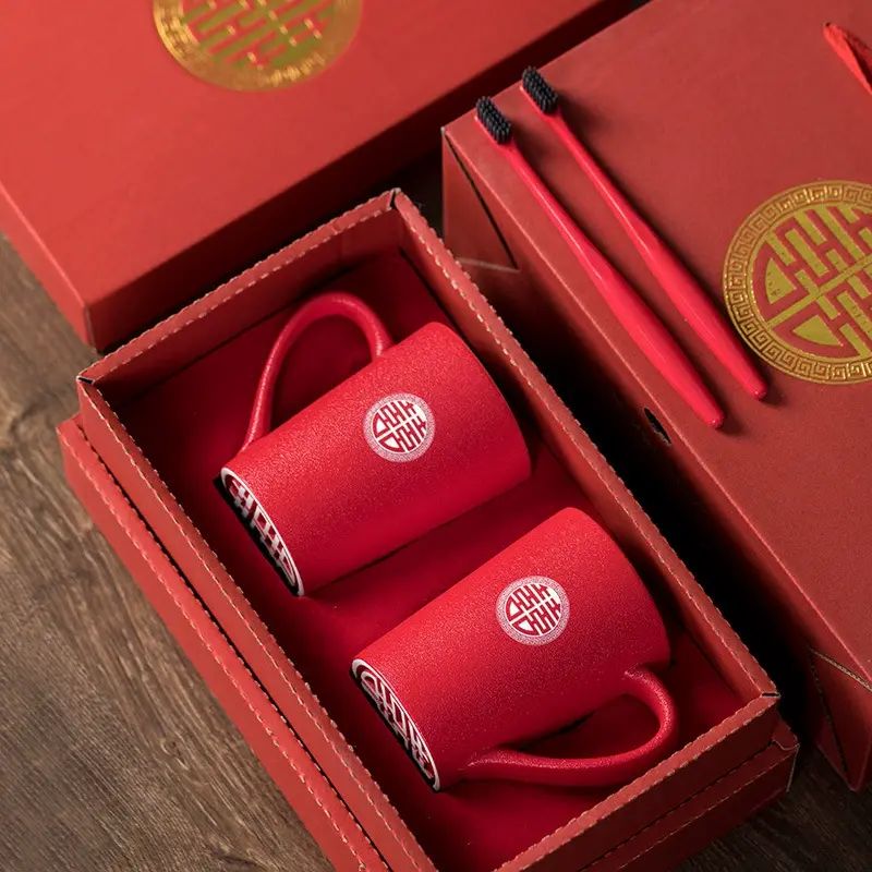 情侶牙杯結婚漱口杯子一對陪嫁婚慶用品新婚紅色陶瓷牙缸洗漱
