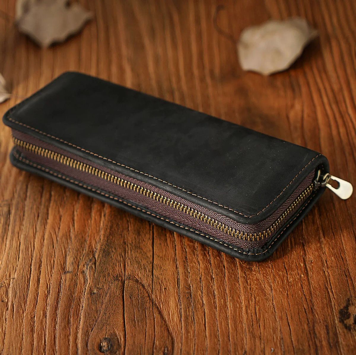New first-layer cowhide pencil case retro Crazy Horse leather square men's zipper genuine leather c