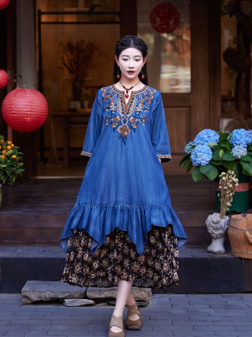 sachin and babi light blue dress Spring 2026 New Elegant Patchwork Lotus Leaf Dress Vintage Embroidered  Quintuple Sleeve Denim Long | Color : Blue | Size : L main image 0