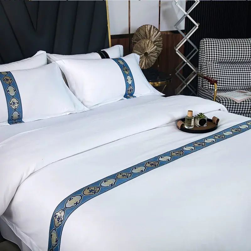 全棉60支星級酒店四件套純棉床單被套民宿賓館被子被褥一整套全套【床笠款】1.8米床八件套（6斤春秋被+被套+床笠+2枕套+2枕芯+床護墊）喜竹 藍-60S全棉款 僅床單被套枕套為全棉