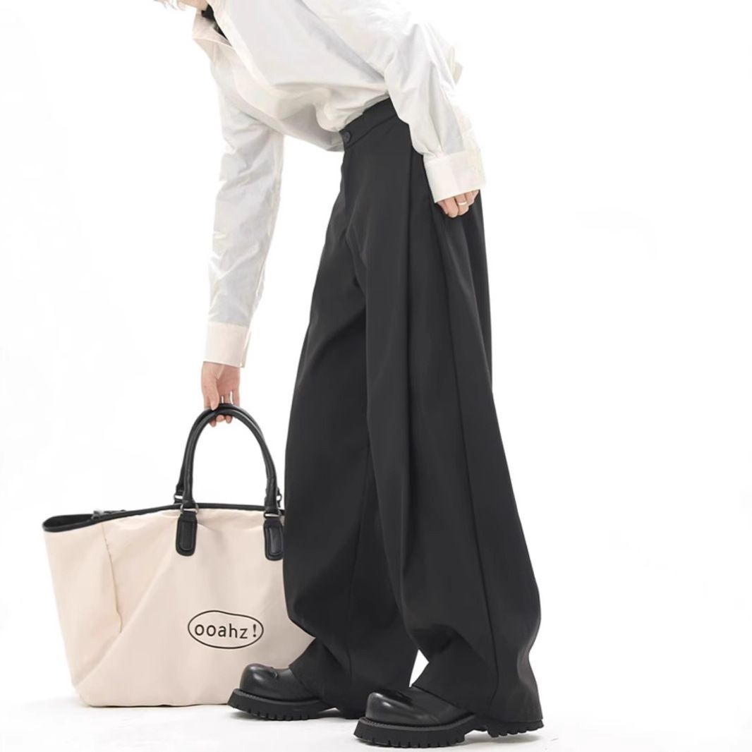 Cleanfit Grey High-End Men's Spring Loose Suit Pants Straight Wide Leg Drape Casua-Black M
