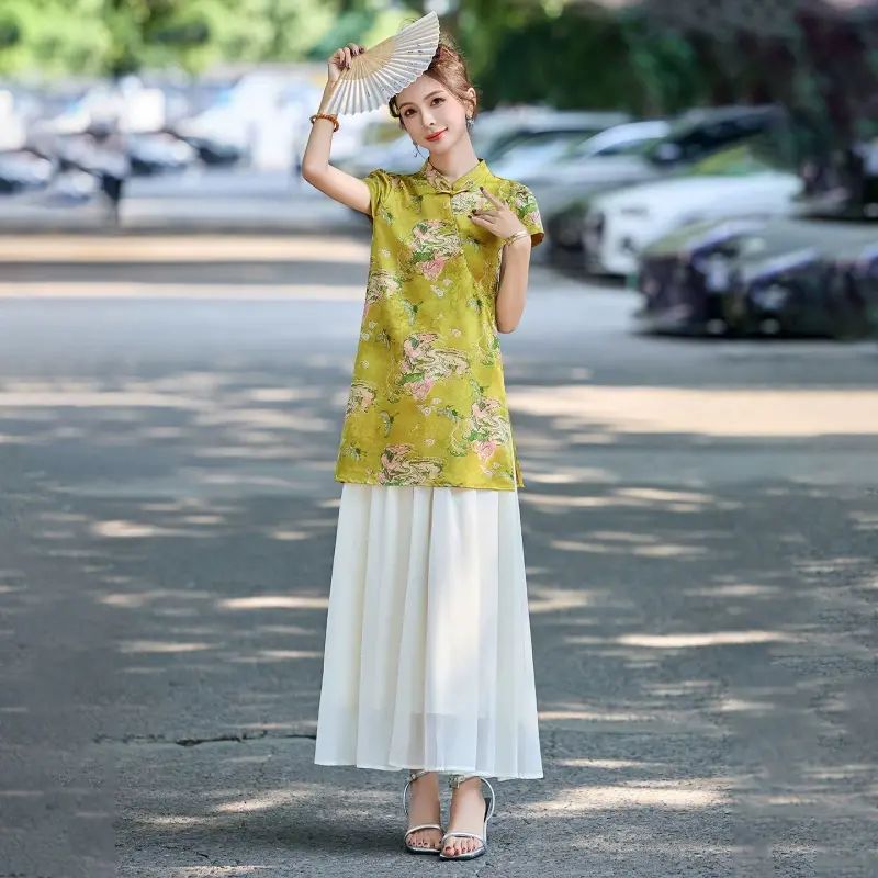 新中式國風套裝女2026夏季小個子時尚印花上衣闊腿褲兩件套YH9253