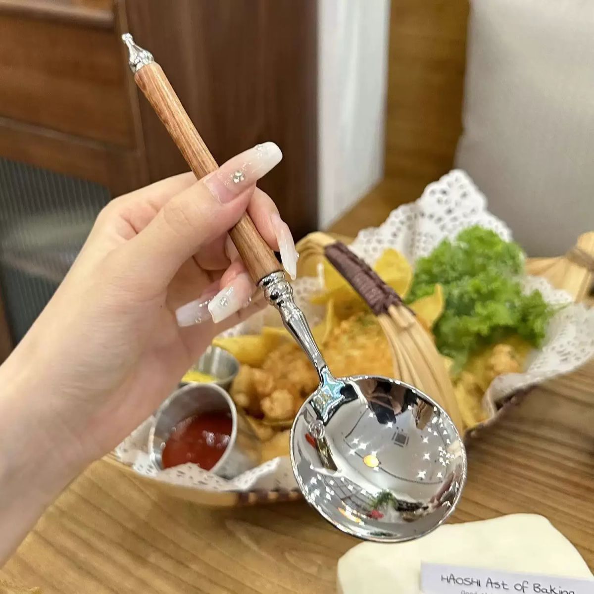 風刀叉韓式木紋長柄匙羹316不鏽鋼餐具叉勺仿木柄甜品小匙羹包郵